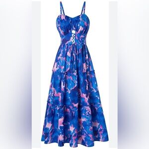 NWT Grace Karin L blue Boho Spaghetti Strap Smocked Tiered Maxi Sundress Pockets